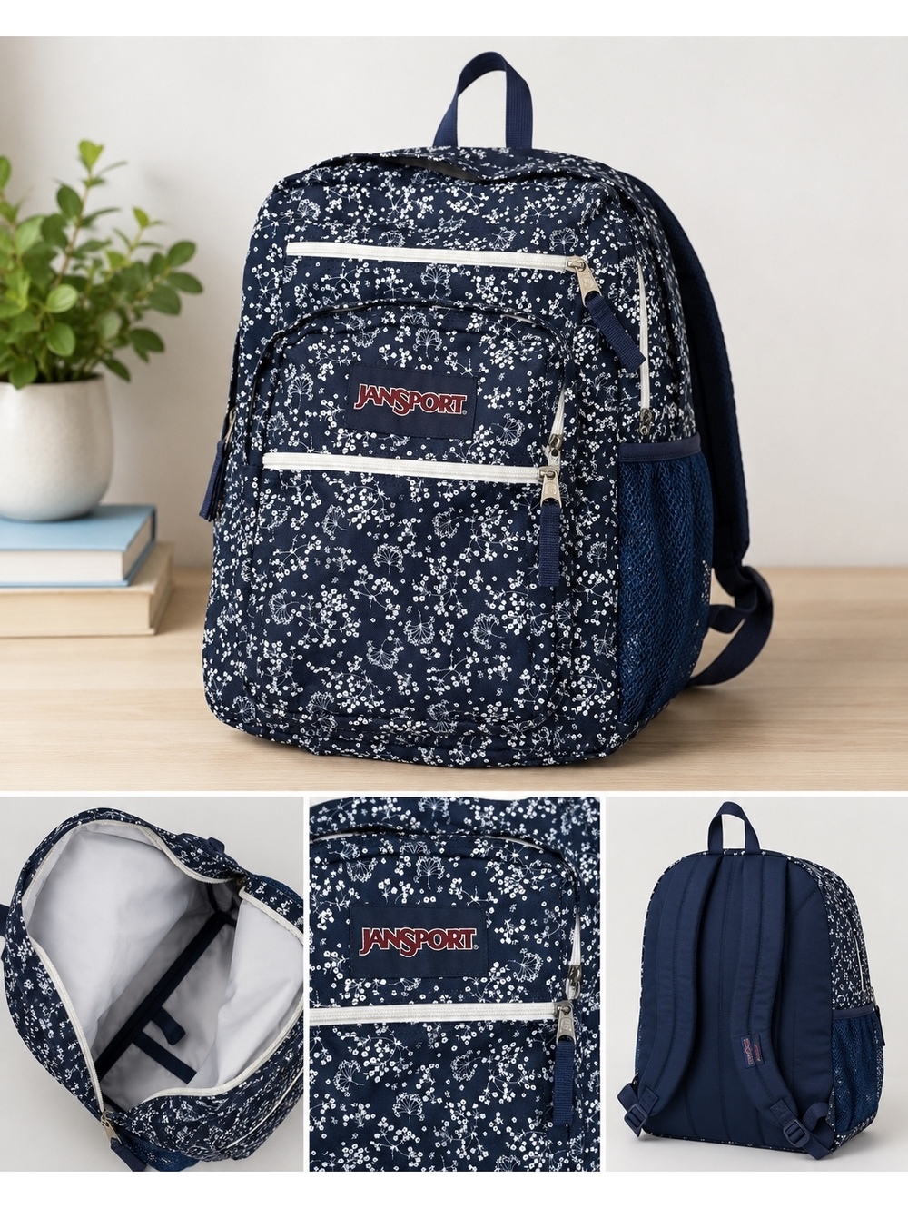 JanSport Big Student Backpack Navy Blue White Floral Multi Pocket School Bag
